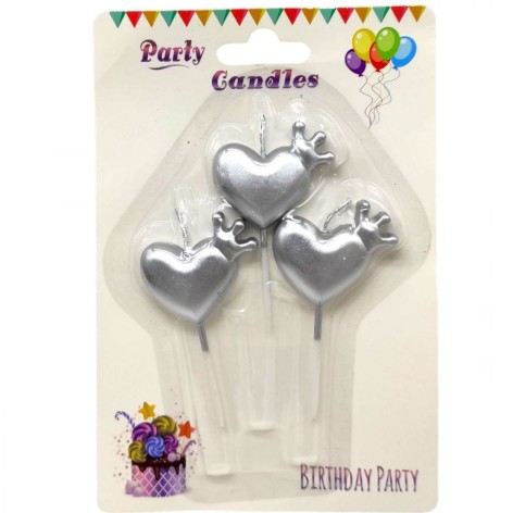 Набір свічок для торта Сердечки 3шт (СРІБНІ)