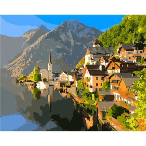 Картина за номерами "Гори, річка і будинки"