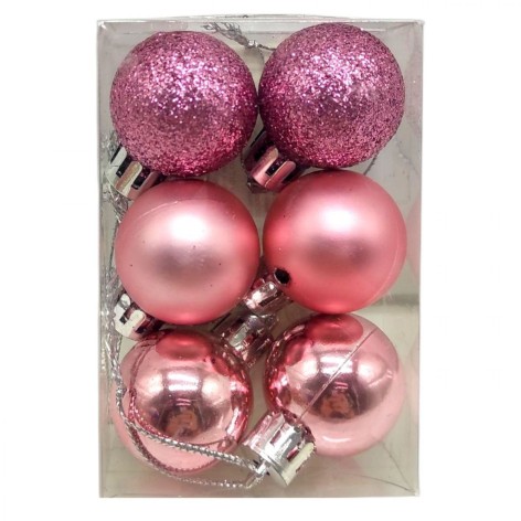 Новорічні прикраси, 6 штук, кульки діаметр - 2,5 см (РОЖЕВІ)