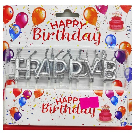 Свічки для торта "Напис- Happy Birtday" срібло 2,5см