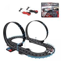 Трек на радиоуправлении трасса 61х100 см, подсветка, 2 машинки, мертвая петля, 2 пульта управления, подключение к трассе с помощью провода, от батареек и от сети, в коробке