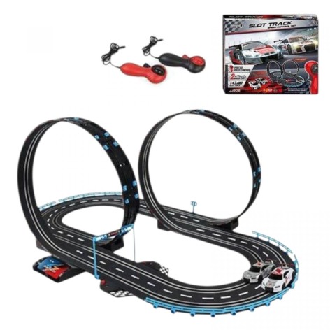 Трек на радиоуправлении трасса 61х100 см, подсветка, 2 машинки, мертвая петля, 2 пульта управления, подключение к трассе с помощью провода, от батареек и от сети, в коробке