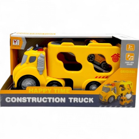 Грузовик автовоз пожарный с машинкой, техникой, свет, звук (ЖЕЛТАЯ)