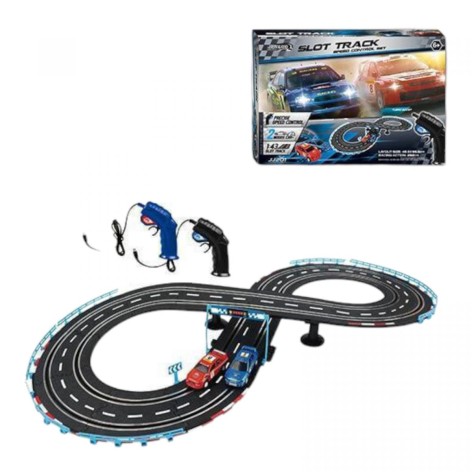 Трек на радиоуправлении трасса 48х96 см, подсветка, 2 машинки, масштаб 1:43, 2 пульта управления, подключение к трассе с помощью провода, в коробке
