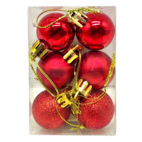 Новорічні прикраси, 6 штук, кульки діаметр - 2,5 см (ЧЕРВОНІ)