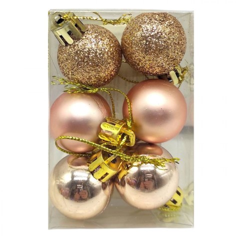 Новорічні прикраси, 6 штук, кульки діаметр - 2,5 см (ЗОЛОТО-РОЖЕВІ)