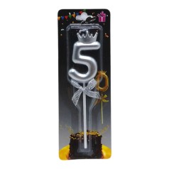 Свеча для торта "Цифра 5 с короной" (серебро)