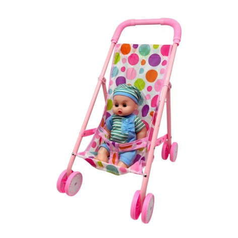 Коляска с пупсом и аксессуарами (РОЗОВАЯ В ГОРОШОК)