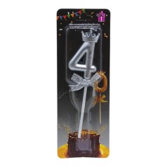 Свеча для торта "Цифра 4 с короной" (серебро)