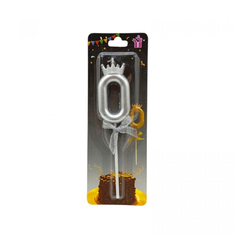 Свеча для торта "Цифра 0 с короной" (СЕРЕБРЯНЫЙ)