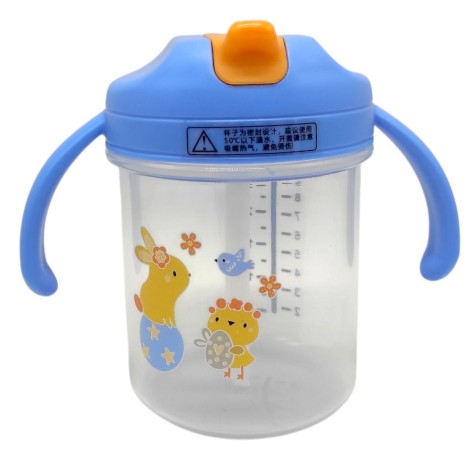 Детский поильник с трубочкой, 280 мл (ПРОЗРАЧНЫЙ, ГОЛУБЫЕ РУЧКИ)