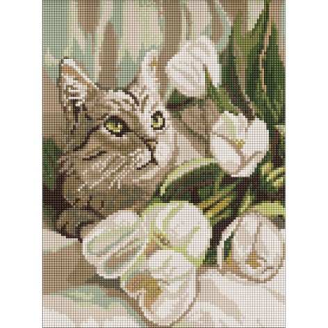 Алмазная мозаика "Зеленоглазый кот с тюльпанами" 30х40 см