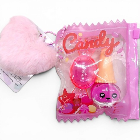 Косметика набор бальзам для губ, лак, блеск, в сумочке с помпоном сердце (Розовый)