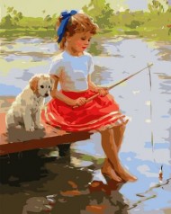 Картина по номерам "Девочка и пёсик на мостике" ★★★