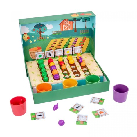 Логическая игра деревянная основа, 5 чаш для сортировки, 25 резиновых овощей, 10 двусторонних карт с заданиями