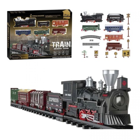 Железная дорога 35 элементов, 6 вагонов длиной 66 см, дорога 141х68 см, подсветка, звук-беззвучный режим, движение вперед, на батарейках, в коробке