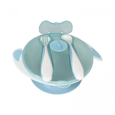 Тарелка на присоске с ложкой и вилкой (ГОЛУБАЯ)