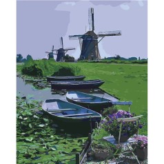 Картина по номерам "Лодки на фоне мельницы"