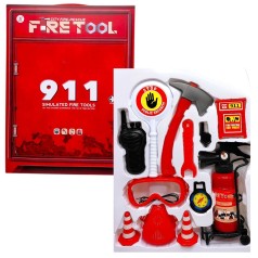 Набор пожарного (огнетушитель со светом, звуком сирены и парогенерацией, респиратор, компас, рация, свисток, топор, гаечный ключ) в коробке 40,5х7х30 см