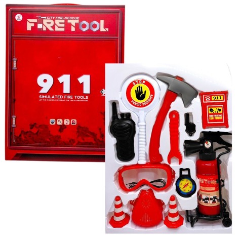 Набор пожарного (огнетушитель со светом, звуком сирены и парогенерацией, респиратор, компас, рация, свисток, топор, гаечный ключ) в коробке 40,5х7х30 см