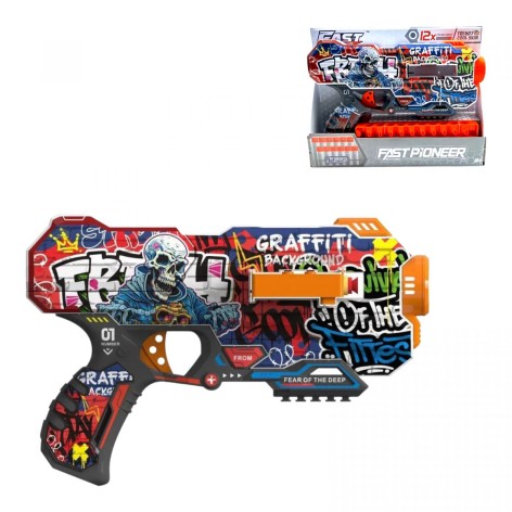 Игрушечный пистолет автомат. барабан на батарейках из мягк. патронами Граффити (12 шт.) (28х17см)