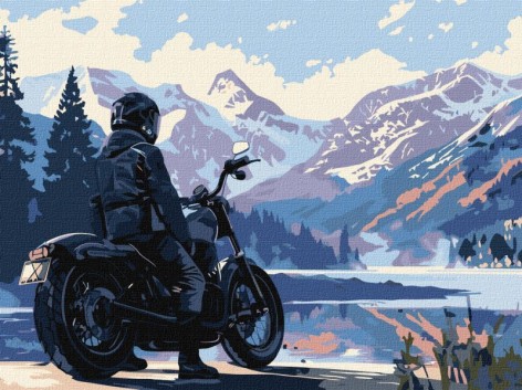 Картина по номерам – Мотоциклист в горах 30х40 см.