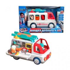 Музыкальная машинка ОЗВУЧКА УКРАИНСКИМ ЯЗЫКОМ, "Скорая помощь", песни, интересные факты, стишки, подсветка, сирена, 2 фигурки: пациент и врач, 2 режима громкости, подвижные элементы, в коробке