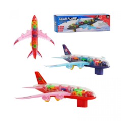Самолет 2 цвета, прозрачный корпус, шестеренки, свет, звук, колесо свободного хода, на батарейках, в коробке