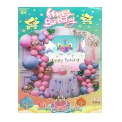 Фотозона из воздушных шаров Happy Birthday- Единорог постер-набор латекс.шарий, шарики с блеском, кисточки, лента-скотч (45 элементов)