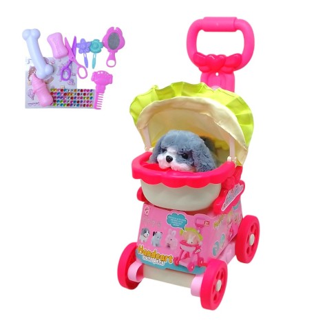 Коляска з песиком на батарейках, аксесуари, рожева вид 1