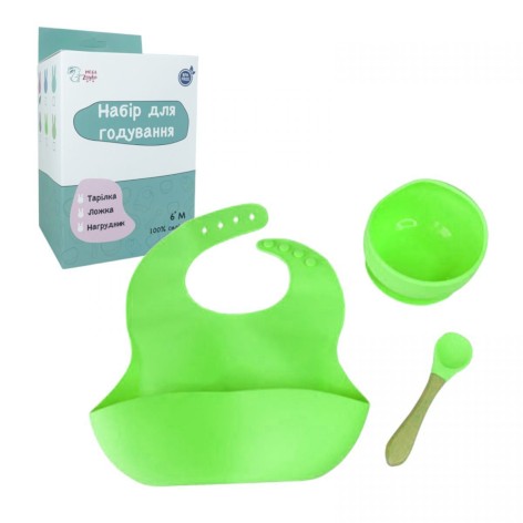 Набор силиконовая тарелка и слюнявчик в коробке (ЗЕЛЕНЫЙ)