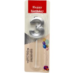 Свеча для торта "Цифра 3" (СЕРЕБРО)