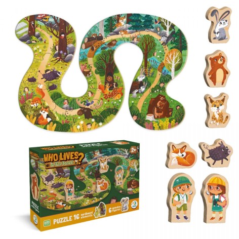 Пазл "Кто живет в лесу?" (16 картонных деталей + 6 деревянных фигурок)