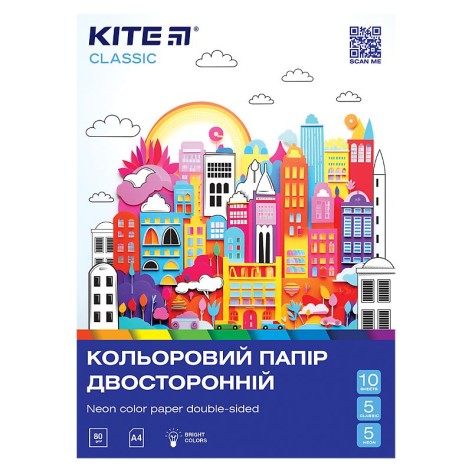 Бумага цветная двустор.(10 л/5 неон+5 обыч),А4 Kite Classic