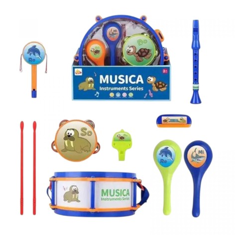 Набор музыкальных инструментов барабан: 28х28х12 см, барабанные палочки, маракасы, бубен, кастаньеты, ремешок, в коробке