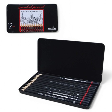 Олівець чорнографітний різної твердості набір 12 штук в мет.кор. (41694)