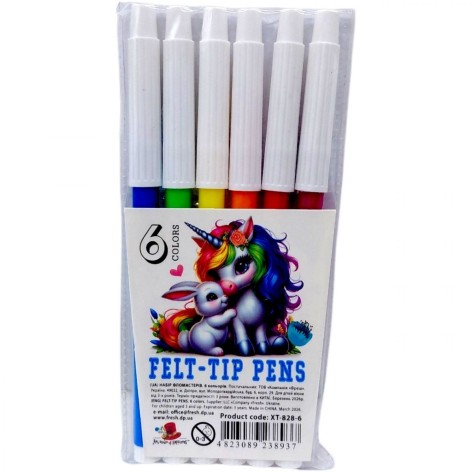 Фломастери, 13,8*0,85см, 6шт (6 кольорів)у ПВХ-пакеті,XT-828-6